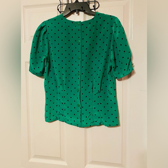 Art Deco Style Vintage Green Blouse with Navy Polka Dot buttons in back size 6 - Picture 4 of 8